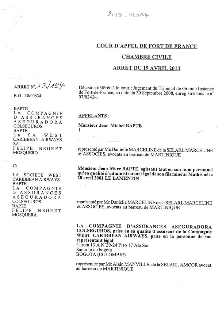 Indemnisation West Carribean Airways : Jugement du TGI de Fort-de-France en date du 30 septembre 2008 (1)